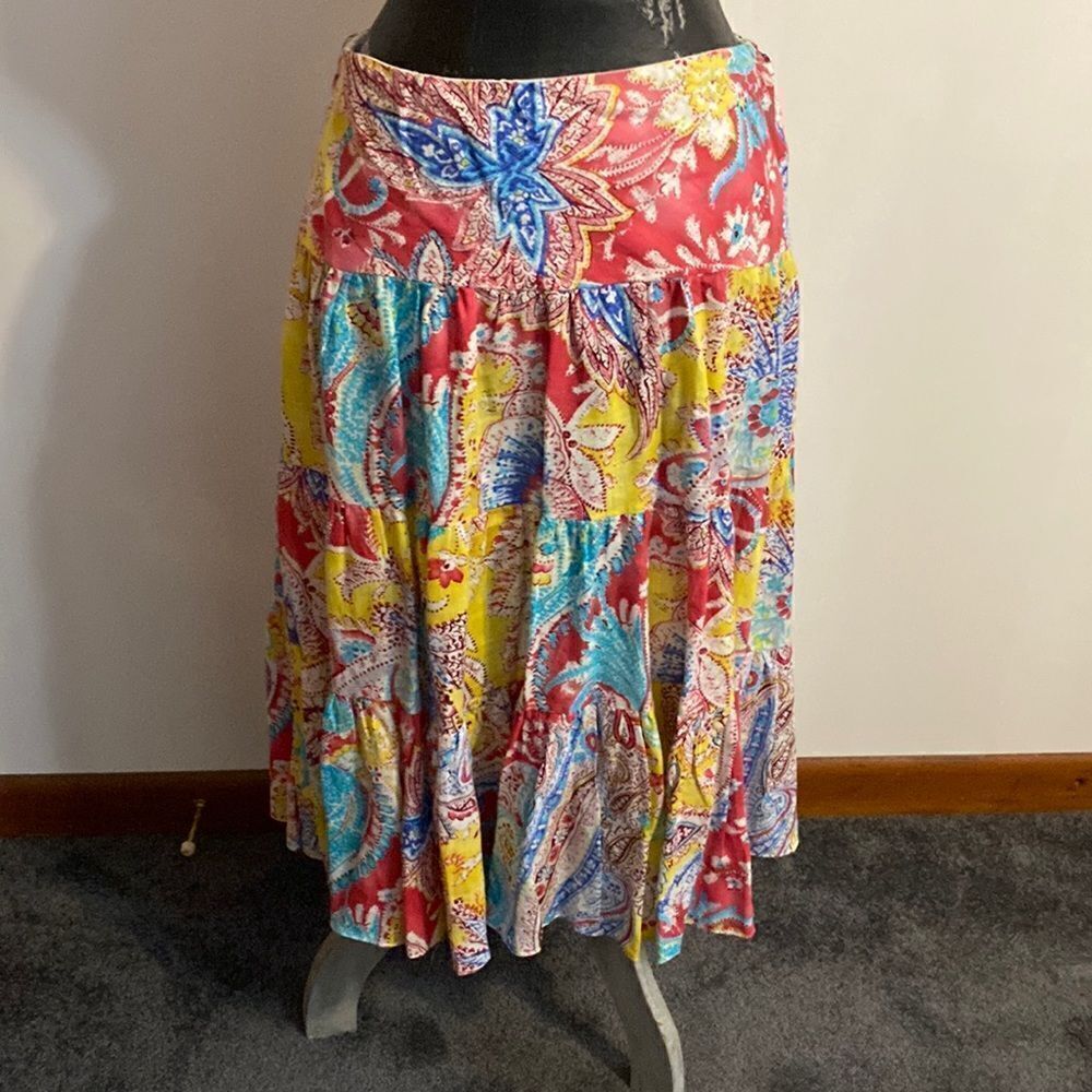 Lauren Ralph Lauren Paisley Print Linen Pull On Full Tiered Midi Skirt, size M